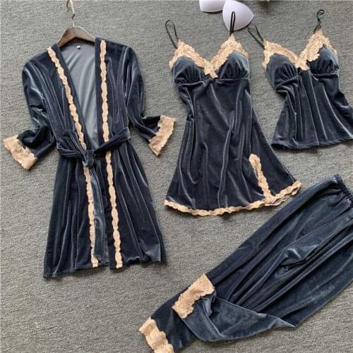 Sexy Sleepwear Women Robe Gown Set Female Loungewear Gold Velvet Warm Winter Home Clothes Nightwear Sleep Robe Suit