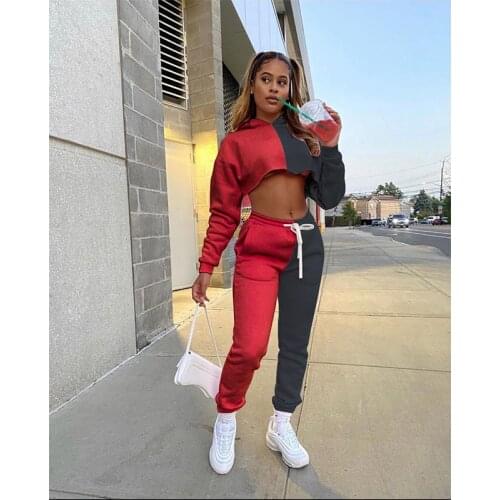 Women Streetwear Winter Clothes Color Patchwork Tracksuit Women Activewear Color Block Long Sleeve Hooded Top + Sweatpants Sets