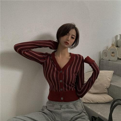 Woman Sweaters Cardigan Red Striped Knitted Cardigan Autumn Winter V-neck Slim-Fit Short Long Sleeve Top Sueters De Mujer