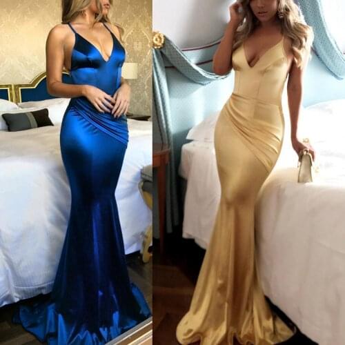 2021 Sexy Spaghetti Strap Backless Summer Dress Women Sexy Spaghetti Strap Deep V Neck Solid Color Backless Fishtail Party Dress