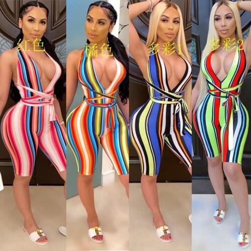 2020 Women Summer Playsuits Sexy V-Neck Sashes Striped Print Fitness Rompers Night Club Party Jumpsuits One Piece Outfit GL8435