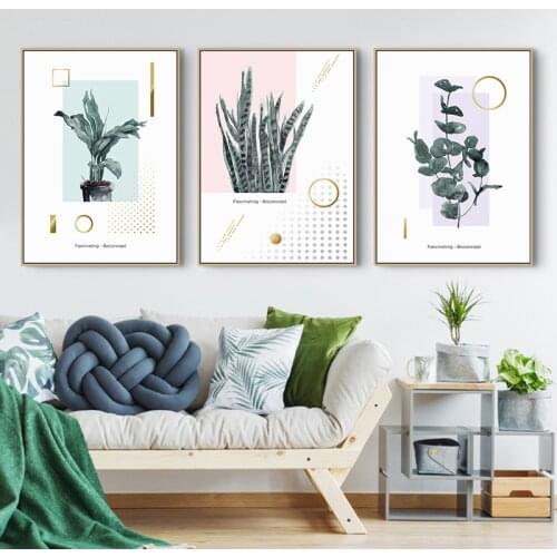 Nordic Decoration Green Plant Leaf Canvas Painting Modern Prints Posters geometric Wall art Pictures for Living Room Home Decor