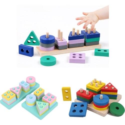Wooden Montessori Toy Building Blocks Early Educational Toys Color Shape Match Kids Boys Girls Small Size Colorful Geometric