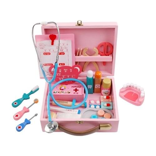 Children Doctor Toys Pretend Play Wooden Medical Set Portable Simulation Dentist Medicine Box Role Play Game For Children Gift