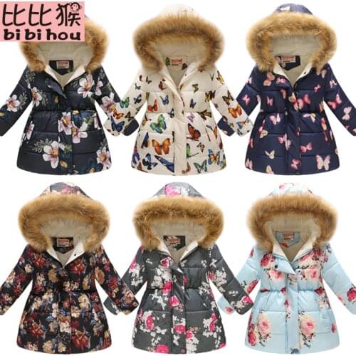 2018 Kids Winter Thicken Hoodies Fake Fur Collar Flower Cat Jacket Girls Christmas Snowsuit Casual Coat Children Outerwear 3-10T