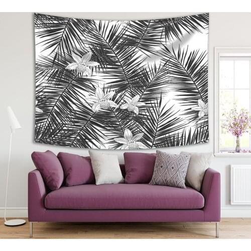 Tapestry Palm Tree Leaves and Orchid Flowers Tropical Nature Plants Black and White Floral Artwork