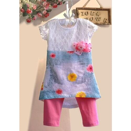 Brand baby girls clothing sets summer girls dress with pink leggings 2pcs lace floral print suit casual baby kids clothes