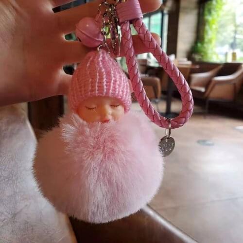 Cute Sleeping Baby Doll Keychain Fur Ball Plush KeyChain Keyring Women Handbag Car Key Holder Bag Pendant Toys for Kids Gift