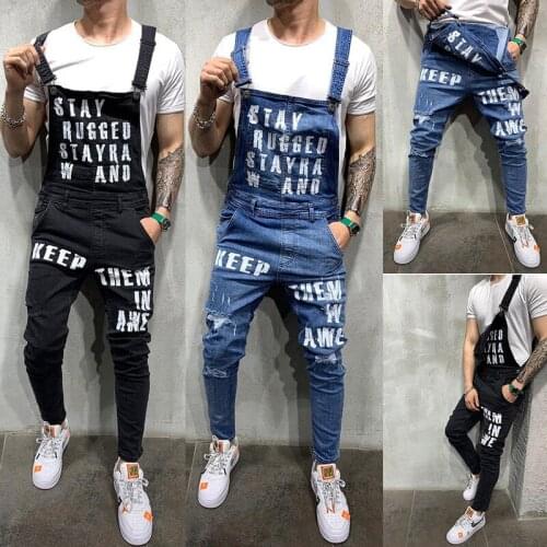 Overalls Men 2020 Fashion Hip Hop Suspender Jeans Bib Pants Denim Ripped Jeans Blue Skinny Destroyed Destroyed Holes Trousers