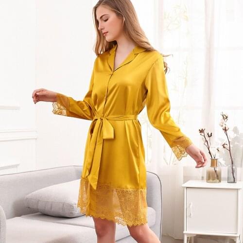 Summer New Nightwear Intimate Lingerie Nightdress Satin Lace Lady Kimono Bathrobe Loose Robe Gown Silky Sleepwear Home Dressing