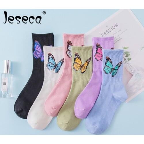 Jeseca New Women Fashion Ankle Socks Japanese Harajuku Butterfly Cute Funny Socks Breathable Autumn Winter Cotton Women Socks