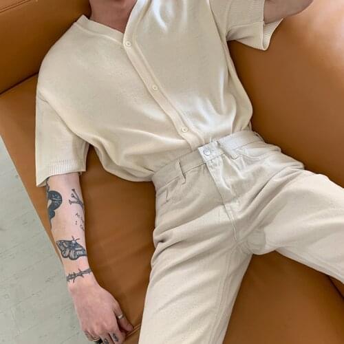 V-neck Solid Short-sleeved Loose T-shirt Mens Oversized Single Breasted Cardigan T-shirt Man Casual Thin Basic T-shirts Men