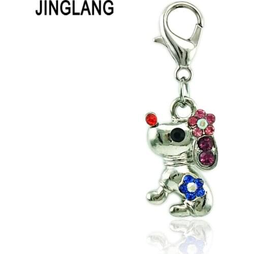 JINGLANG Wholesale Animal Lobster Clasp Charms Dangle Silver Plated Rhinestone Dog DIY Charms For Jewelry Making Accessories