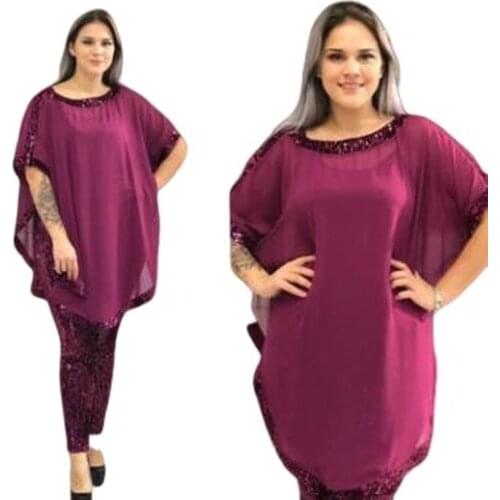 2021 autumn elegent african women o-neck plus size two pieces sets top and pant
