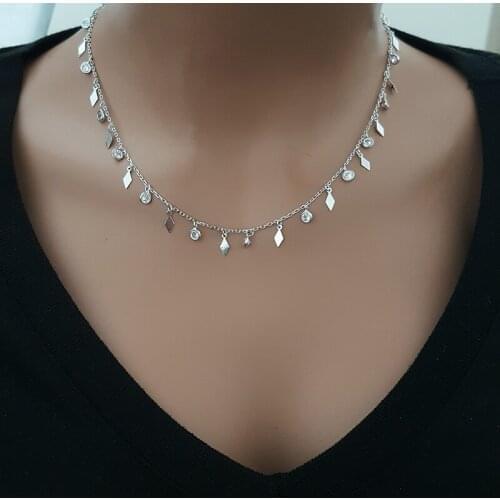 Rose Gold Plated 925 Silver Minimalist Disc Drop Cz Diamond Necklace Choker