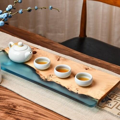Chinese Style Solid Wood Tea Cup Tray Wooden Resin Tray For Kung Fu Teapot House Office Decor Kettle Bowl Table Serving Board
