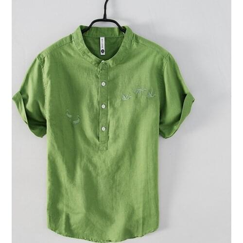 Summer new style embroidery short sleeve stand collar green shirt men casual trendy comfortable shirts for men chemise camisa