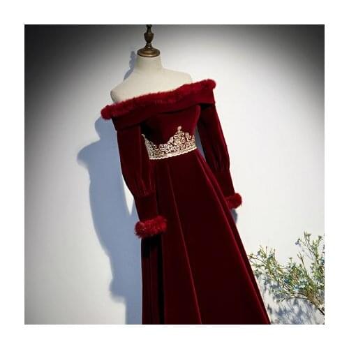Vintage wine red embroidery velvet feather slash collar dress gown princess medieval long dress Renaissance gown queen Victoria