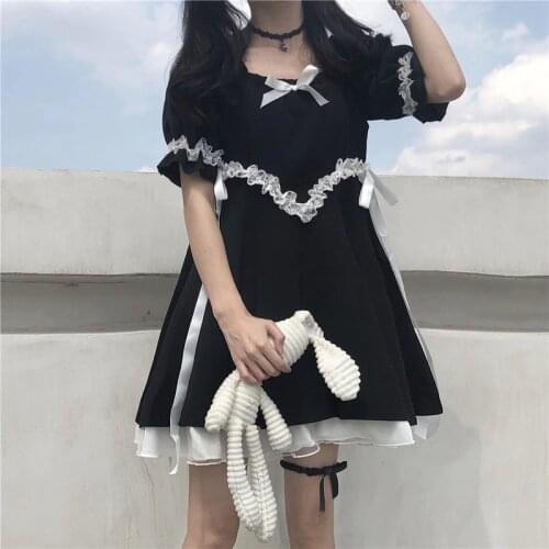 Japanese Kawaii Soft Girly Dress Vintage Square Collar Cute Lace Summer Dress Girls Up Bow Sweety Ruffle Puff Sleeve Black Dress