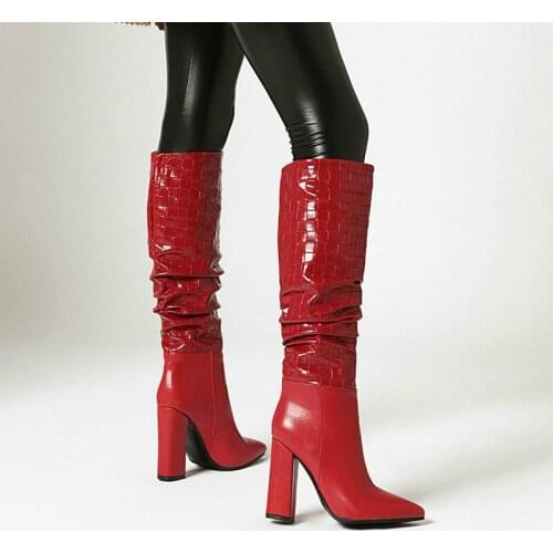 2020 New Women Boots Fashion Pleated Square High Heel Knee High Boots Female Pointed Toe Slip On Autumn Winter Long Boots