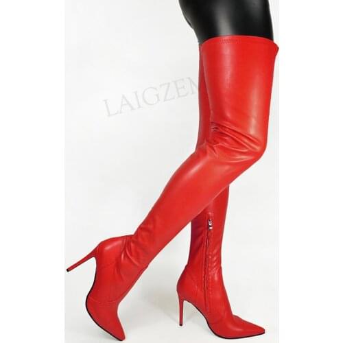 DOBANER Women Thigh High Boots Slim High Heels Boots Side Zip Wide Claf Friendly Botas Crossdress Shoes Woman Big Size 43 44 47