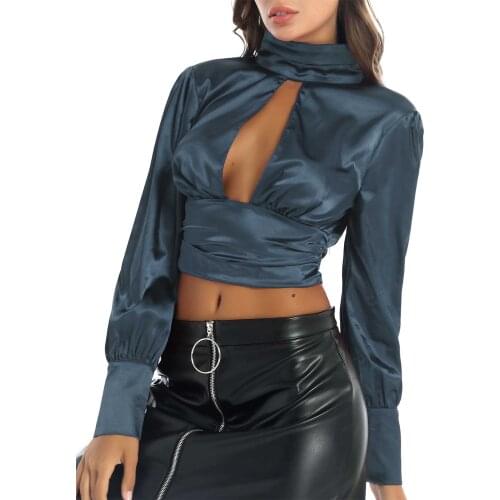 Elegant Office Lady Satin Tops Women Sexy Cutout T-Shirts Spring High Neck Puff Long Sleeve Backless Lace-Up Shirt Crop Top