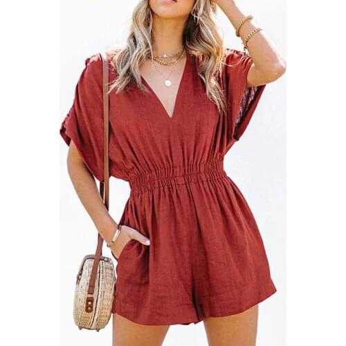 Woven V-neck Women playsuits Solid Short Sleeve Waist Pleated Playsuit Romper 2021 Summer Fashion Streetwear Female Short Romper