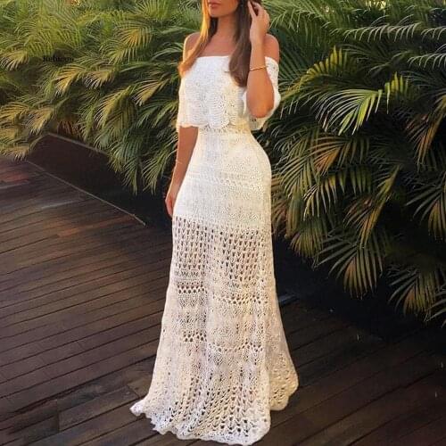 White Lace Sexy Maxi Dress 2021 Summer Bohemian Off Shoulder Hollow Out Dresses Solid Ruffle Beach Holiday Party Female Vestiods