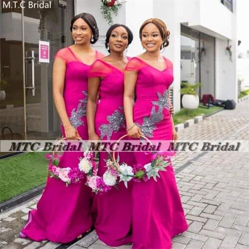2021 South African Fuchsia Mermaid Bridesmaid Dresses Grey Lace Short Sleeves Corset Long Wedding Party Gowns For Maids