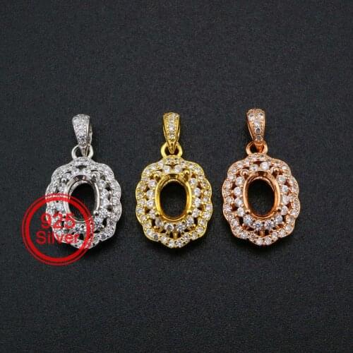 5x7MM Oval Pendant Bezel Flower Solid 925 Sterling Silver Rose Gold Plated Charm Settings for Gemstone DIY Supplies 1421152