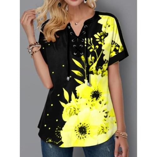 5XL Plus Size Women Summer Flower Tops 2021 Fashion Plaid Short Sleeve V-Neck Bandage T Shirt Printing Casual Loose Camisetas