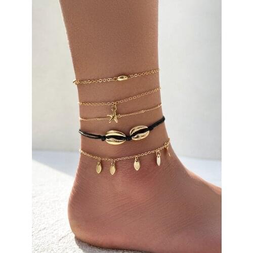 Stillgirl 5Pcs Vintage Gold Star Shell Anklet Bracelet for Women Boho Charm Rope Chain Geometric Set Foot Summer Sandals Jewelry