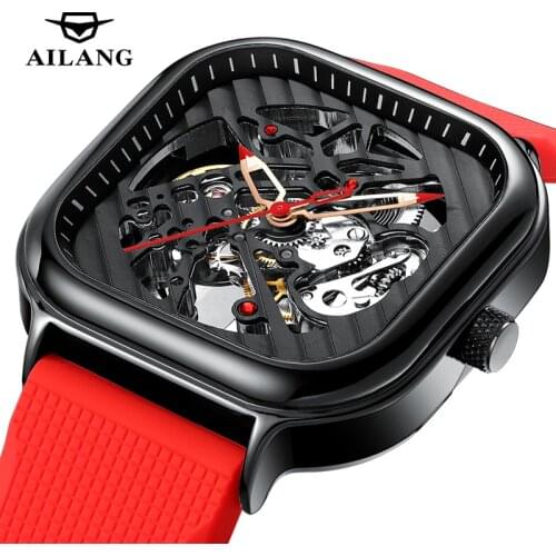 AILANG Silicone Strap Mens Mechanical Watch Automatic Waterproof Special Forces Hollow Swiss Square Top Brands Men Watch 8635