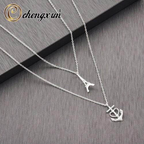 CHENGXUN Romantic France Eiffel Tower Anchor Pendants Necklaces Multi Layer Necklace Chain Choker Long Necklace Jewelry