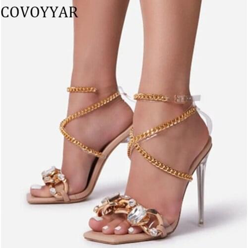 COVOYYAR Sexy Rhinestone Womens High Heels Clear Stiletto Gold Chain Summer Sandals Party Cross-tied Pumps Big Size 43 WHH288