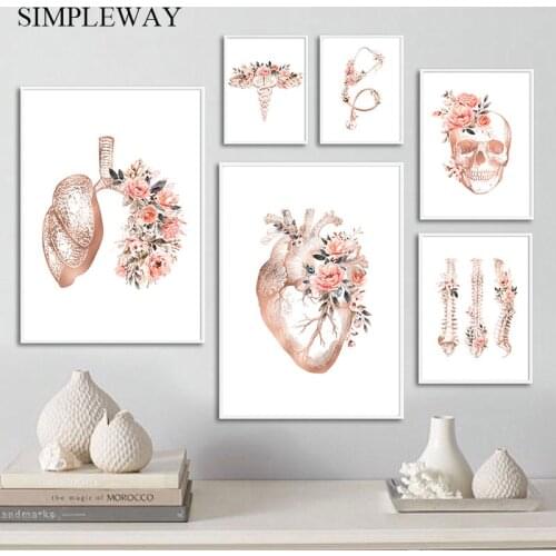 Flower Anatomy Canvas Print Heart Lungs Skull Organ Wall Poster Stethoscope Art Painting Medical Education Decoration Picture