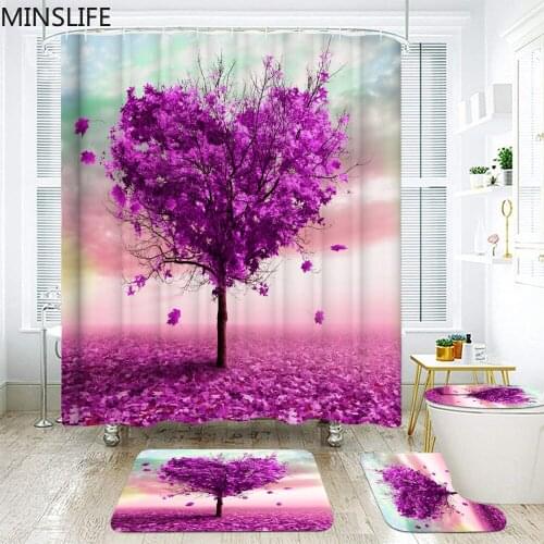 Love Tree Pattern Shower Curtain Fallen Leaves Waterproof Bathroom Curtains Set Pedestal Rug Toilet Lid Cover Non-Slip Mat