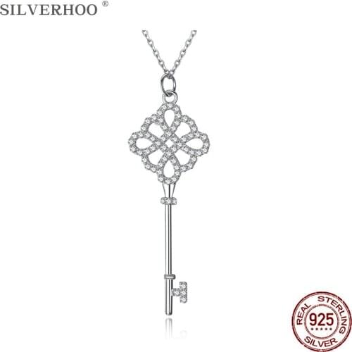 SILVERHOO Classic 925 Sterling Silver Hollow Key Pendant Necklaces For Women Shiny 5A Cubic Zirconia Necklace Silver Jewelry
