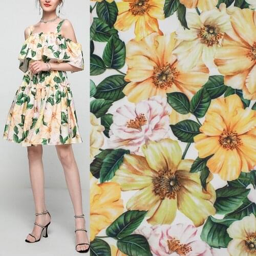 Chinese Rose On Pale Yellow Digital Printing Satin Fabric For Dress Tissus Au MÈTre Telas Por Metro Ткань Для Шитья Sewing Tissu