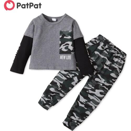 PatPat 2-piece Toddler Girl Letter Camouflage Print Long-sleeve Top and Elasticized Pants Set