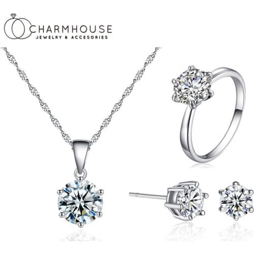 Silver 925 Jewelry Sets For Women 8mm Cubic Zirconia Pendant Necklace Earrings Ring 3 pcs Rhinestone Jewellery Set Party Gifts