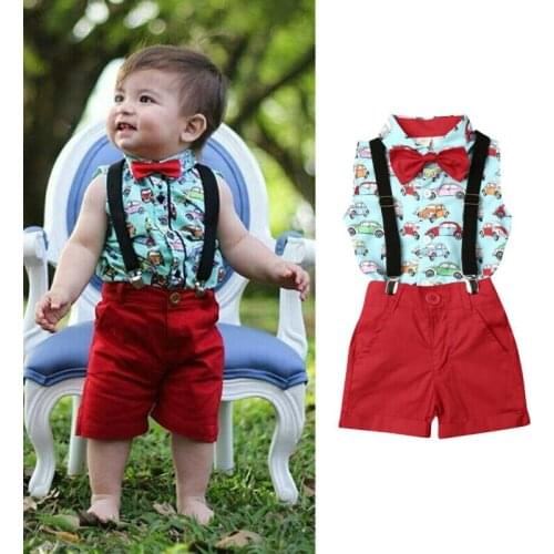 Summer Kids Baby Boy Sleeveless Suit Wedding Bowtie Gentleman Shirt Bib Pants Red Shorts Outfit Gentle Set