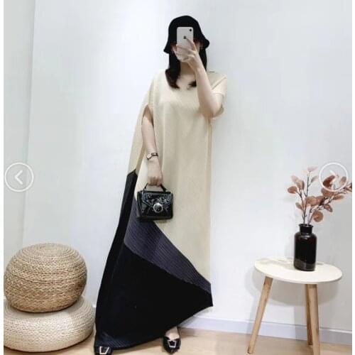 HOT SELLING fashion patchwork pleated loose o-neck short sleeve women LONG DRESS IN STOCK