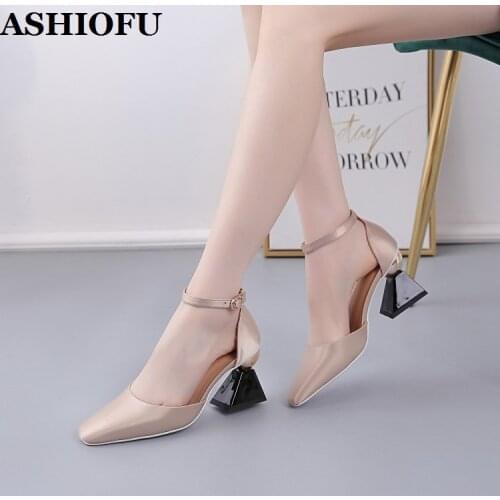 ASHIOFU 2020 New Handmade Womens Chunky Heel Pumps Party Prom Dress Shoes Buckle Strap Real-pics Evening Fashion Court Shoes