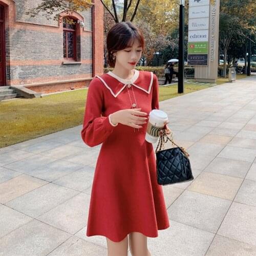 Winter New Doll Collar Long-sleeved Solid Knitting Dress Women Elegant Fashion Korea Style Slim A-line Dress