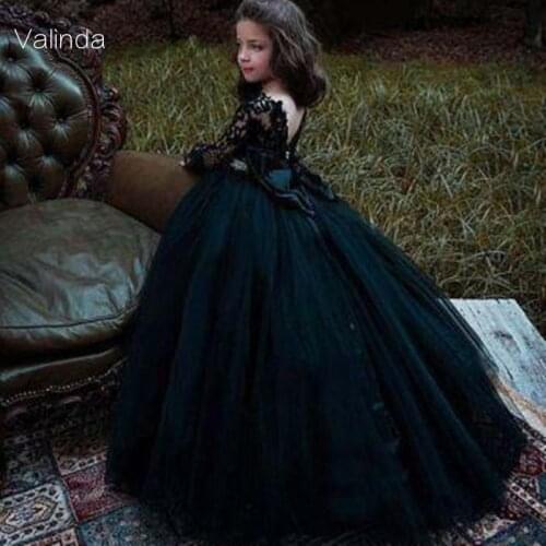 Long Sleeves Black Flower Girl Dresses Ball Gown Pageant Dress Party