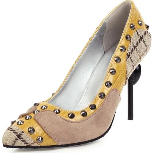 Sexy Pointed Toe High Heels Women Pumps Shoes Patent Rivets Studded Spring Stiletto Pumps Brand Wedding shoes Big Size 32-38-48