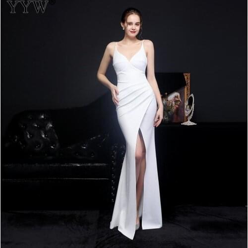 Women White Sexy High Slit Bodycon Evening Dress Slim Female Backless Sleeveless Solid Wedding Party Dresses robe mariee sirene