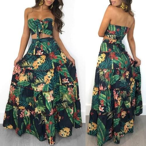 Plus Size New Sexy Women Two Piece Set Bandage Crop Tops Long Skirt Floral Printed Ruffles High Waist Casual Outfit
