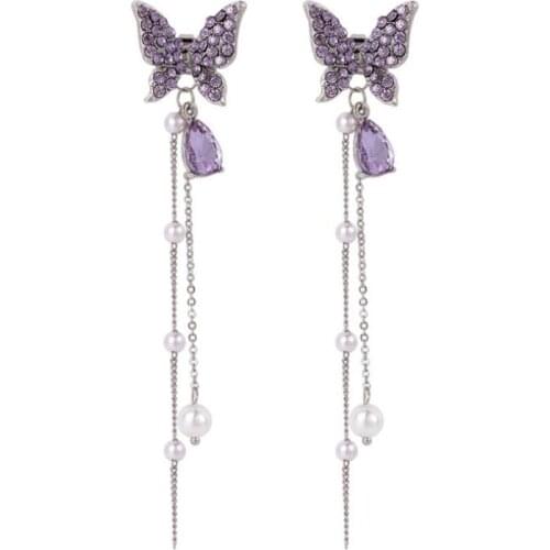Purple Color Butterfly Rhinestone Crystal Long Tassel Drop Dangle Earring Prevent Allergy Jewelry Personality Trend Accessories
